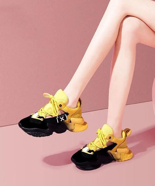 Yellow Platform Sport Shoes Suede Women Splicing Lace Up Breathable Mesh LY4344 - fabuloryshop