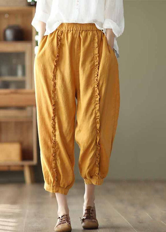 Yellow Pockets Elastic Waist Linen Crop Pants Ruffled Summer LY0246 - fabuloryshop