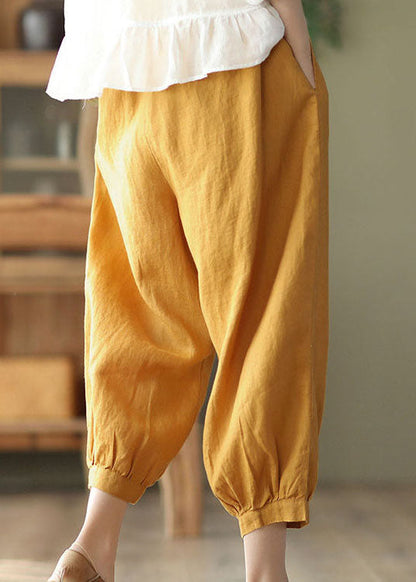 Yellow Pockets Elastic Waist Linen Crop Pants Ruffled Summer LY0246 - fabuloryshop