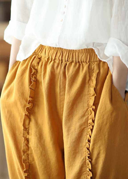 Yellow Pockets Elastic Waist Linen Crop Pants Ruffled Summer LY0246 - fabuloryshop