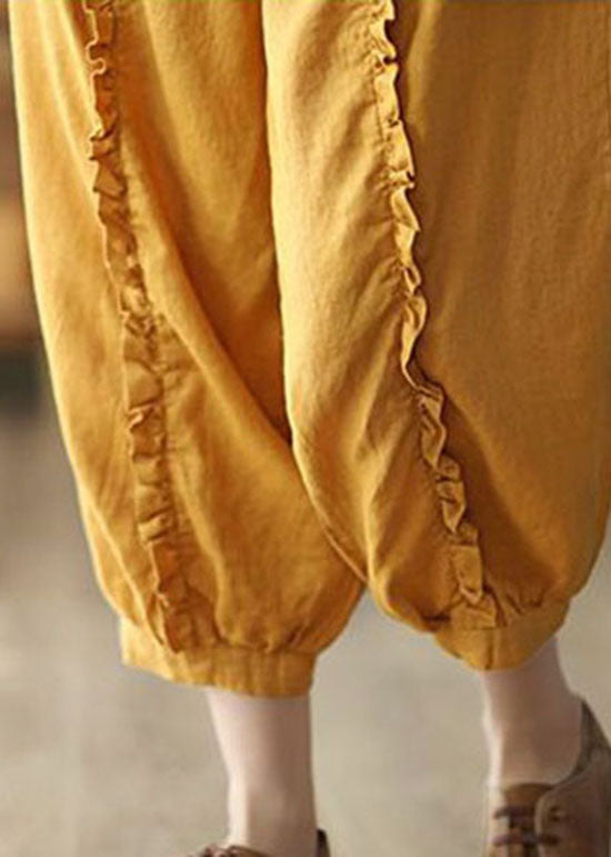 Yellow Pockets Elastic Waist Linen Crop Pants Ruffled Summer LY0246 - fabuloryshop