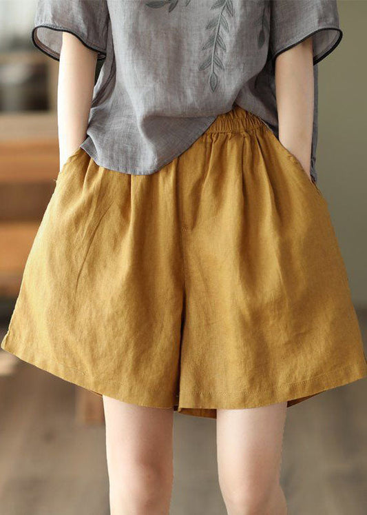 Yellow Pockets Elastic Waist Linen Shorts Summer LY0223 - fabuloryshop