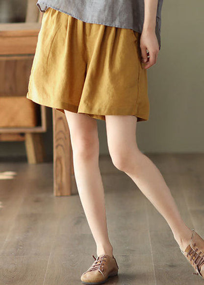 Yellow Pockets Elastic Waist Linen Shorts Summer LY0223 - fabuloryshop