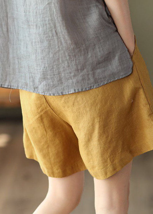 Yellow Pockets Elastic Waist Linen Shorts Summer LY0223 - fabuloryshop