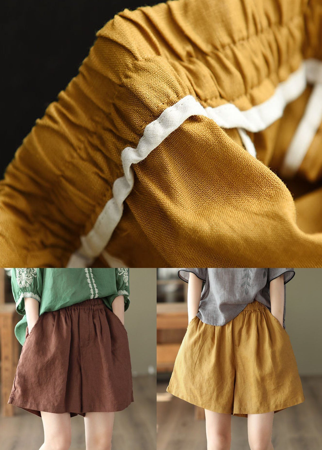 Yellow Pockets Elastic Waist Linen Shorts Summer LY0223 - fabuloryshop