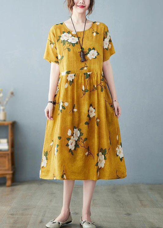 Yellow Pockets Patchwork Cotton Dress O Neck Drawstring Summer LY4100 - fabuloryshop