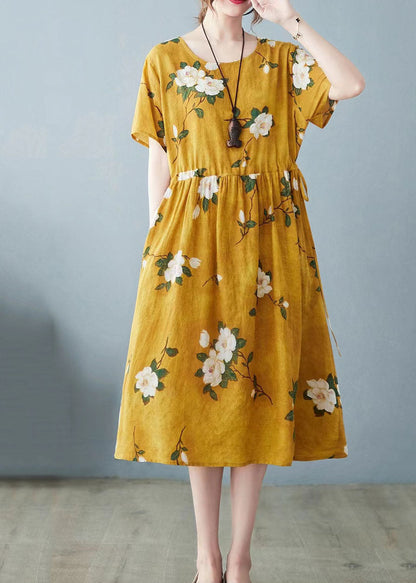 Yellow Pockets Patchwork Cotton Dress O Neck Drawstring Summer LY4100 - fabuloryshop