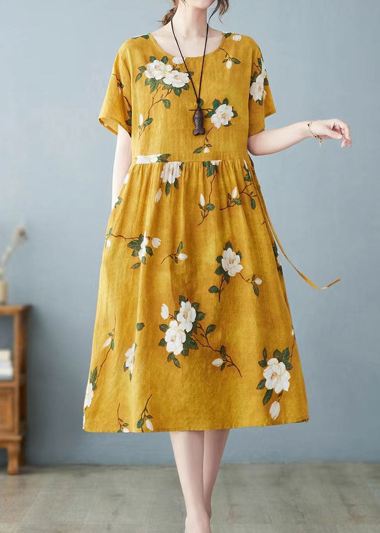 Yellow Pockets Patchwork Cotton Dress O Neck Drawstring Summer LY4100 - fabuloryshop