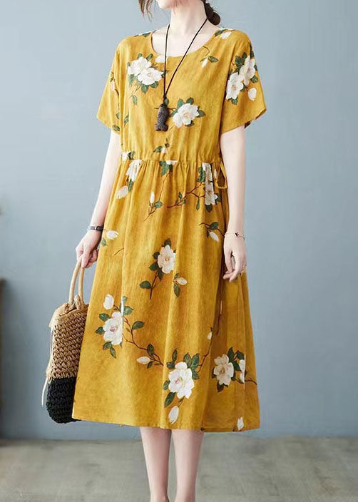 Yellow Pockets Patchwork Cotton Dress O Neck Drawstring Summer LY4100 - fabuloryshop