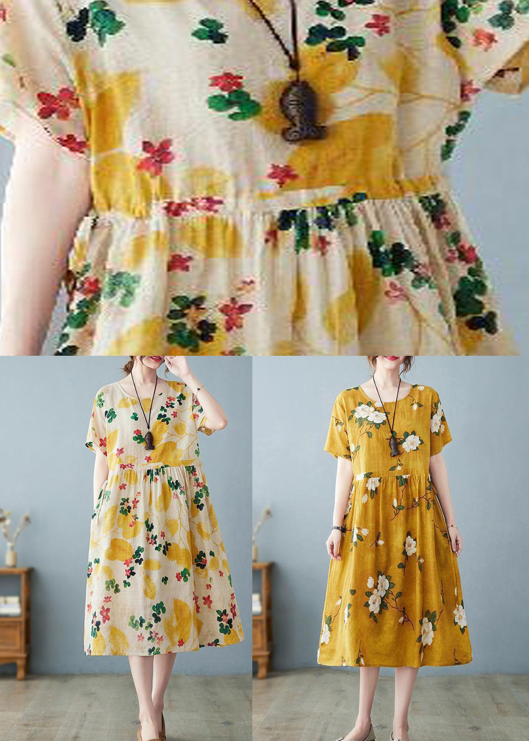 Yellow Pockets Patchwork Cotton Dress O Neck Drawstring Summer LY4100 - fabuloryshop