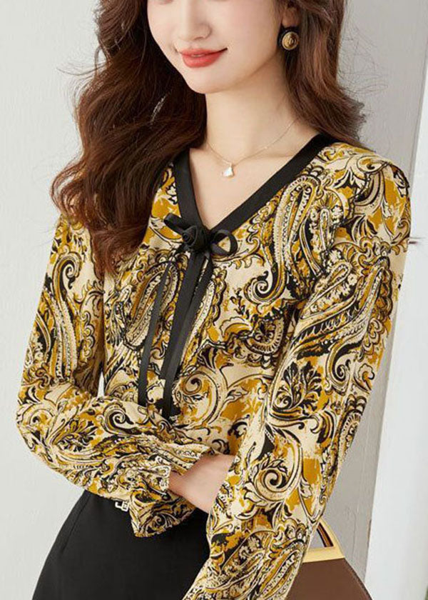 Yellow Print Chiffon Blouse Tops V Neck Floral Lantern Sleeve LY0039 - fabuloryshop