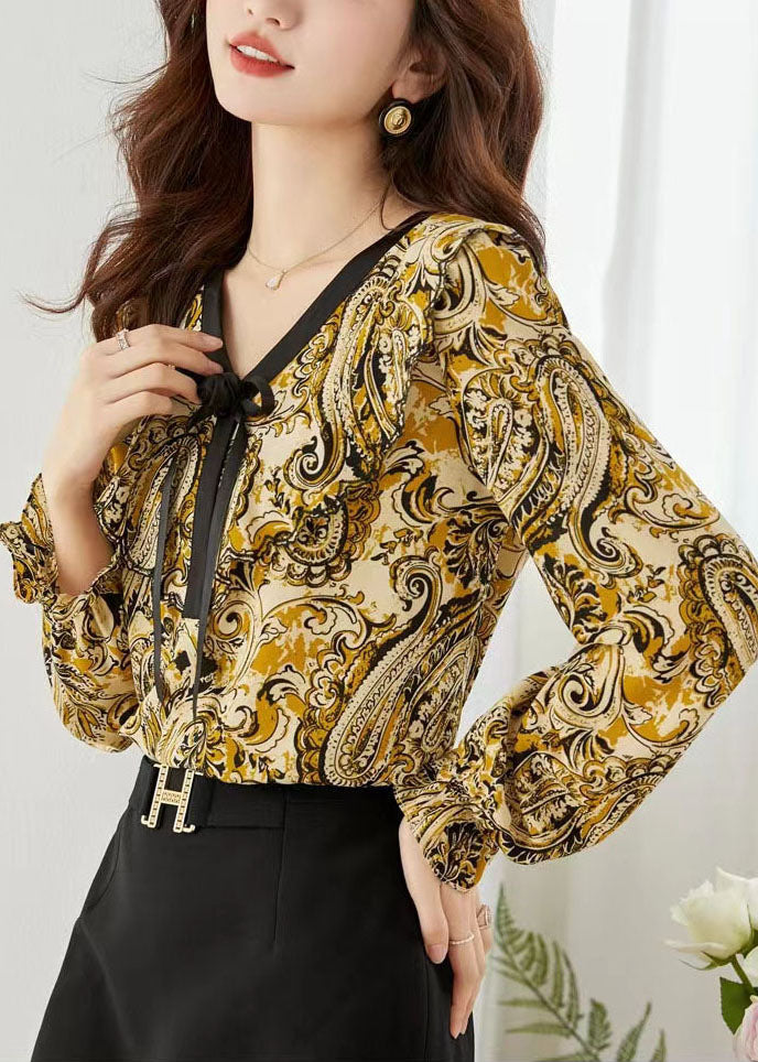 Yellow Print Chiffon Blouse Tops V Neck Floral Lantern Sleeve LY0039 - fabuloryshop