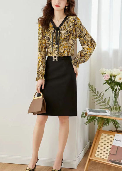 Yellow Print Chiffon Blouse Tops V Neck Floral Lantern Sleeve LY0039 - fabuloryshop