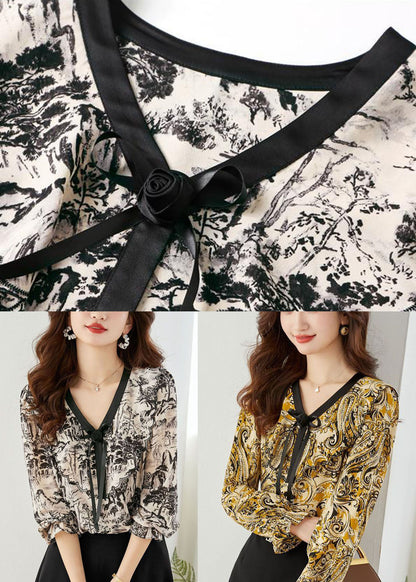 Yellow Print Chiffon Blouse Tops V Neck Floral Lantern Sleeve LY0039 - fabuloryshop