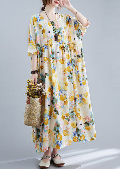 Yellow Print Cotton Holiday Dress Oversized Wrinkled Half Sleeve LY0544 - fabuloryshop