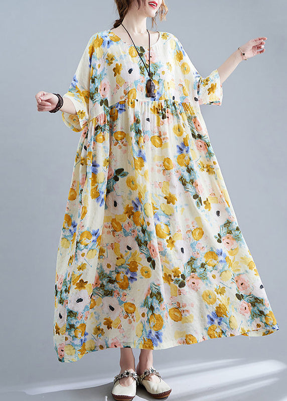 Yellow Print Cotton Holiday Dress Oversized Wrinkled Half Sleeve LY0544