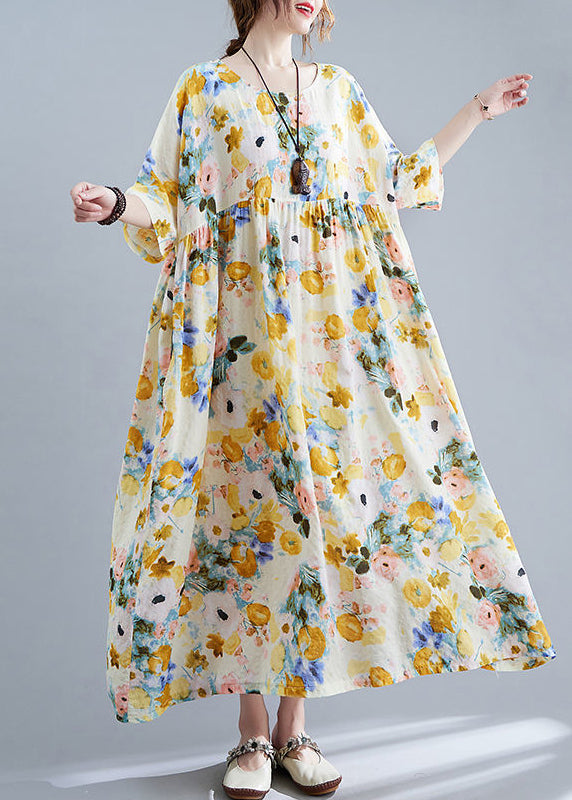 Yellow Print Cotton Holiday Dress Oversized Wrinkled Half Sleeve LY0544 - fabuloryshop