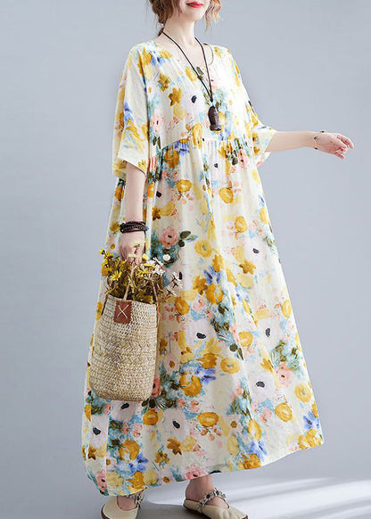 Yellow Print Cotton Holiday Dress Oversized Wrinkled Half Sleeve LY0544 - fabuloryshop