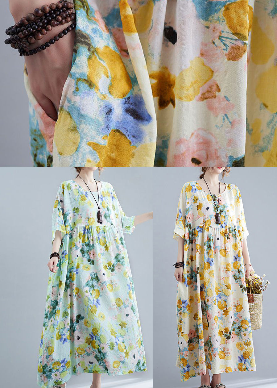 Yellow Print Cotton Holiday Dress Oversized Wrinkled Half Sleeve LY0544