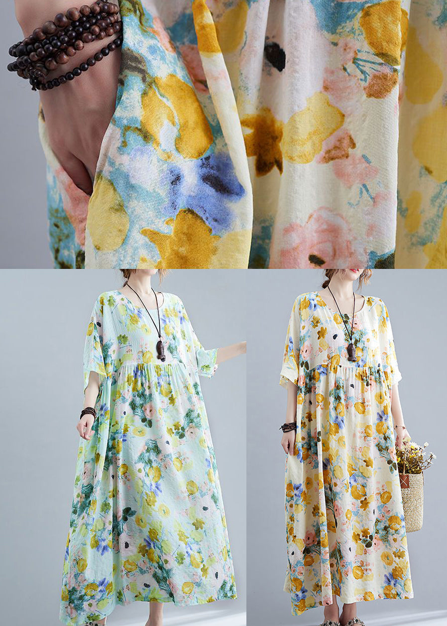 Yellow Print Cotton Holiday Dress Oversized Wrinkled Half Sleeve LY0544 - fabuloryshop