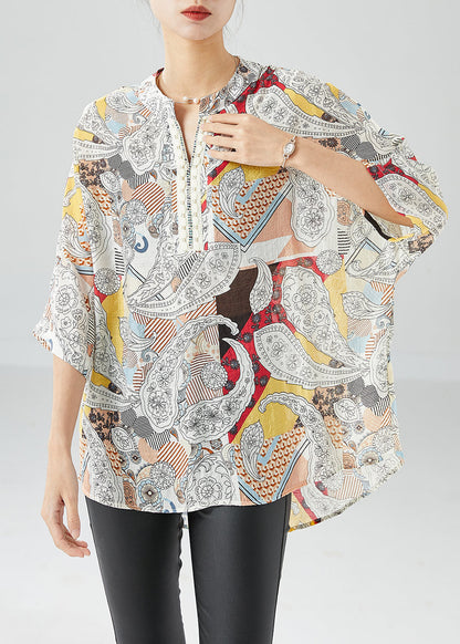 Yellow Print Cotton Shirts Oversized Batwing Sleeve LY6149 - fabuloryshop