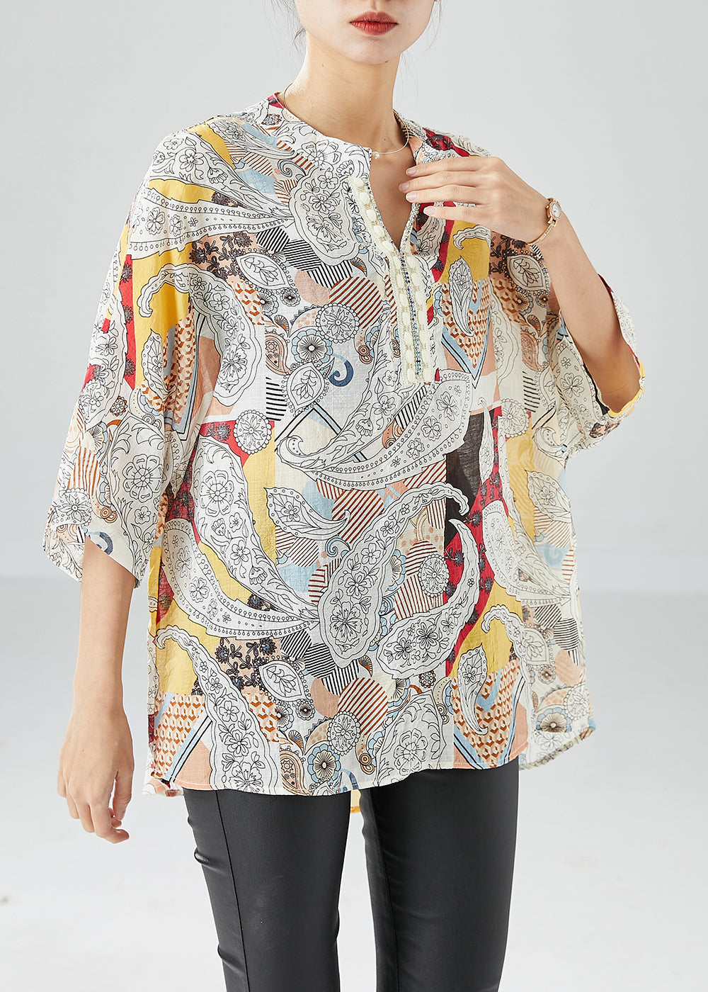 Yellow Print Cotton Shirts Oversized Batwing Sleeve LY6149 - fabuloryshop