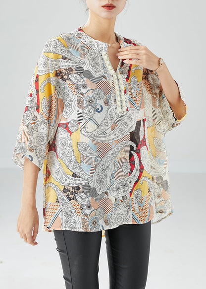 Yellow Print Cotton Shirts Oversized Batwing Sleeve LY6149 - fabuloryshop