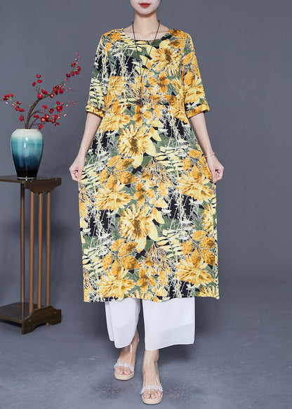 Yellow Print Cotton Vacation Dresses Oversized Summer LY5387 - fabuloryshop