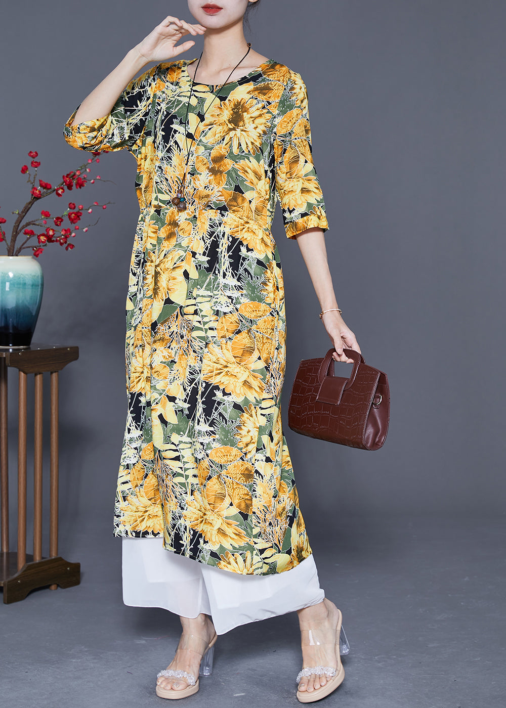 Yellow Print Cotton Vacation Dresses Oversized Summer LY5387 - fabuloryshop