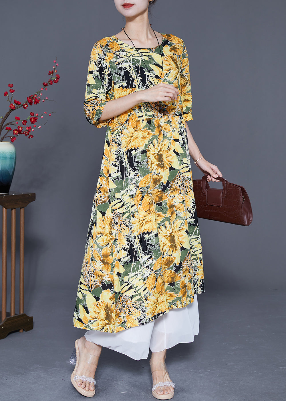 Yellow Print Cotton Vacation Dresses Oversized Summer LY5387 - fabuloryshop