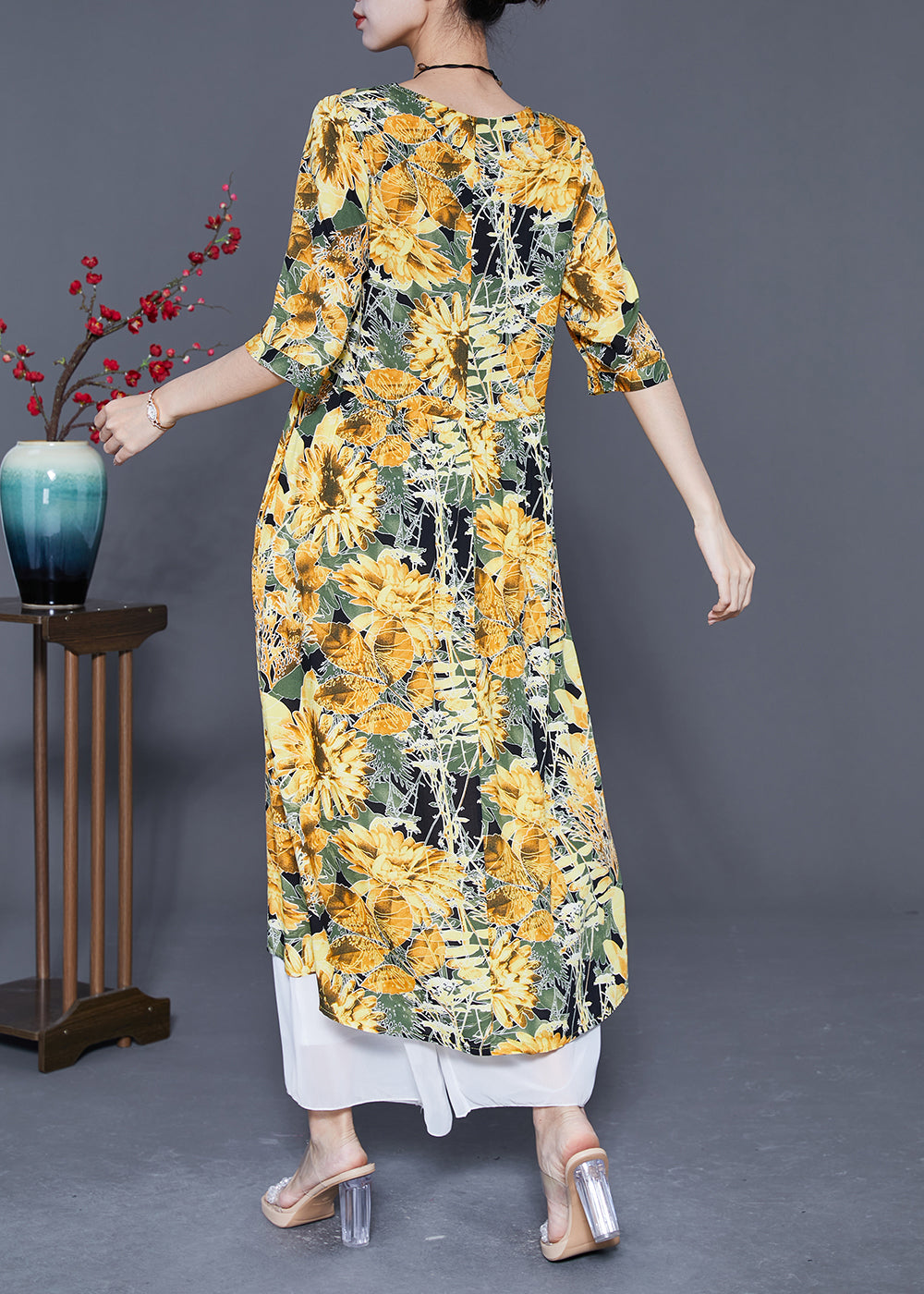 Yellow Print Cotton Vacation Dresses Oversized Summer LY5387 - fabuloryshop