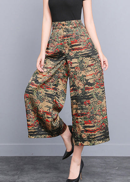 Yellow Print Elastic Waist Silk Wide Leg Pants Summer LY4651 - fabuloryshop