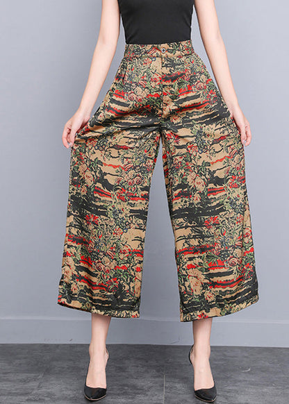 Yellow Print Elastic Waist Silk Wide Leg Pants Summer LY4651 - fabuloryshop