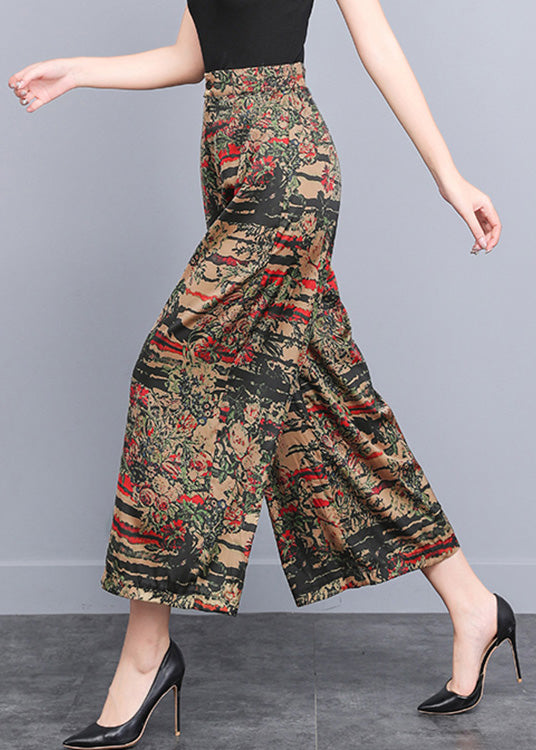 Yellow Print Elastic Waist Silk Wide Leg Pants Summer LY4651 - fabuloryshop