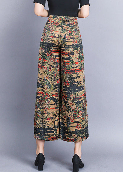 Yellow Print Elastic Waist Silk Wide Leg Pants Summer LY4651 - fabuloryshop