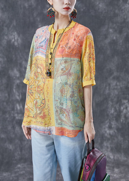 Yellow Print Linen Shirt Top V Neck Rivet Summer LY4040 - fabuloryshop