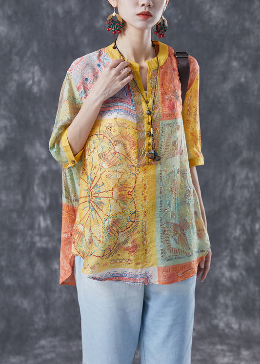 Yellow Print Linen Shirt Top V Neck Rivet Summer LY4040 - fabuloryshop