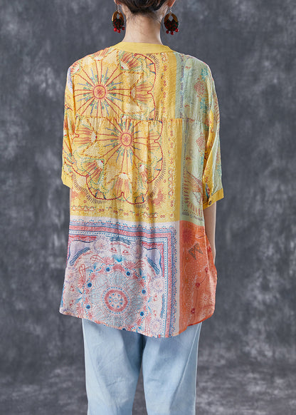 Yellow Print Linen Shirt Top V Neck Rivet Summer LY4040 - fabuloryshop