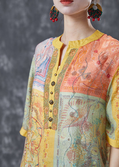 Yellow Print Linen Shirt Top V Neck Rivet Summer LY4040 - fabuloryshop