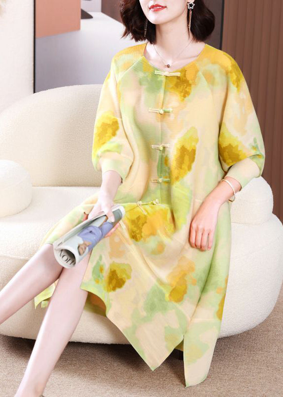 Yellow Print Long Dresses Chinese Button Side Open Summer LY2745 - fabuloryshop