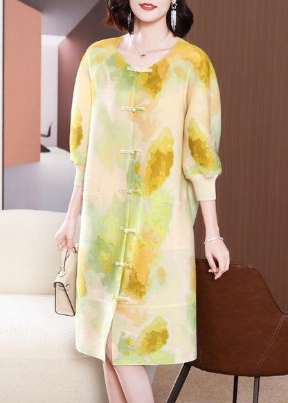 Yellow Print Long Dresses Chinese Button Side Open Summer LY2745 - fabuloryshop