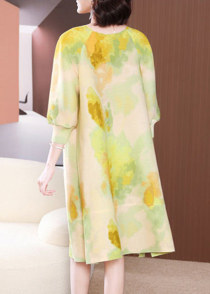 Yellow Print Long Dresses Chinese Button Side Open Summer LY2745 - fabuloryshop