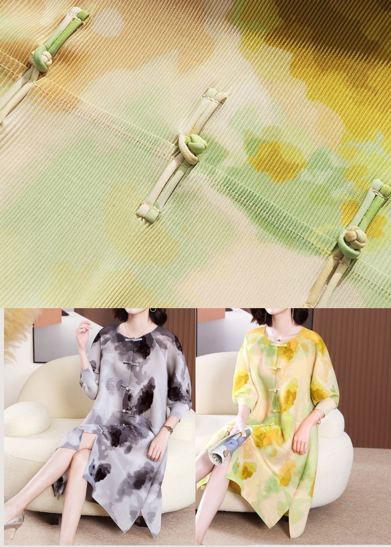 Yellow Print Long Dresses Chinese Button Side Open Summer LY2745 - fabuloryshop