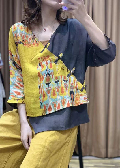 Yellow Print Patchwork Cotton Blouses Asymmetric V Neck Bracelet Sleeved Ada Fashion