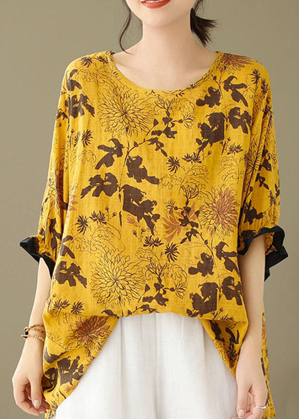 Yellow Print Patchwork Cotton Loose Tops O Neck Summer LY4905 - fabuloryshop