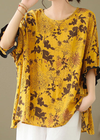 Yellow Print Patchwork Cotton Loose Tops O Neck Summer LY4905 - fabuloryshop