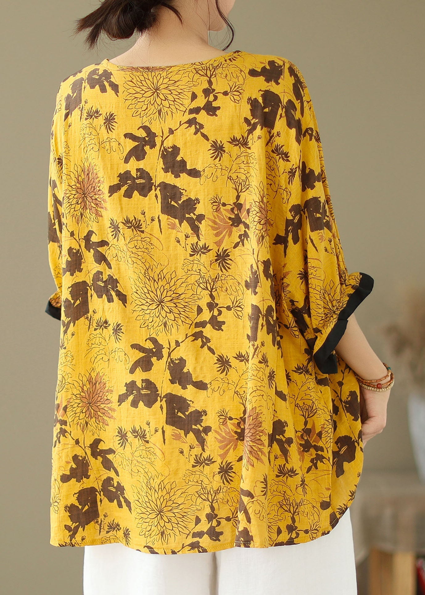 Yellow Print Patchwork Cotton Loose Tops O Neck Summer LY4905 - fabuloryshop