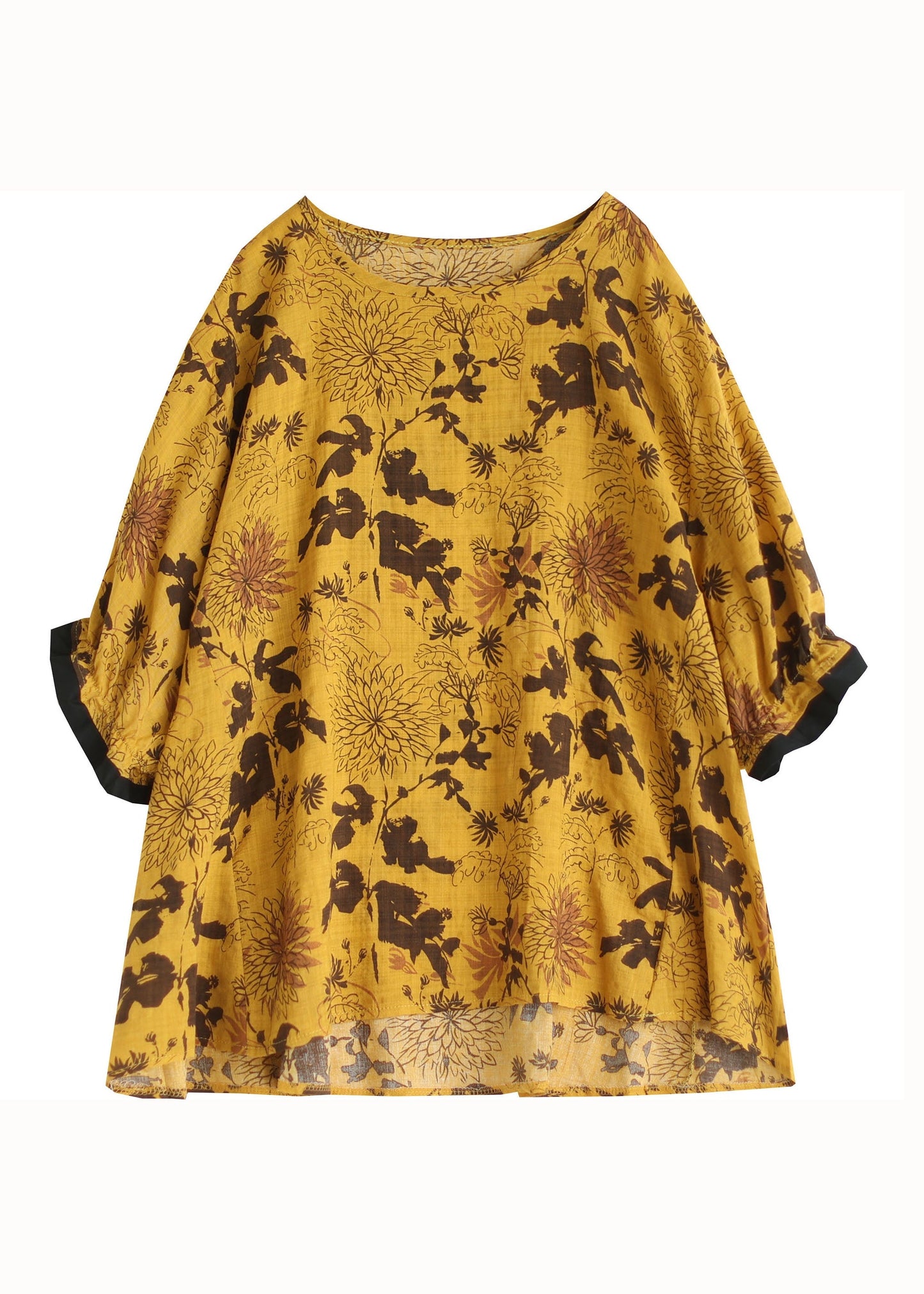 Yellow Print Patchwork Cotton Loose Tops O Neck Summer LY4905 - fabuloryshop