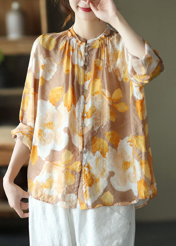 Yellow Print Patchwork Cotton Shirt Tops Wrinkled Long Sleeve LY6235 - fabuloryshop