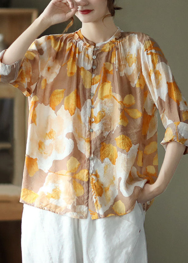 Yellow Print Patchwork Cotton Shirt Tops Wrinkled Long Sleeve LY6235 - fabuloryshop